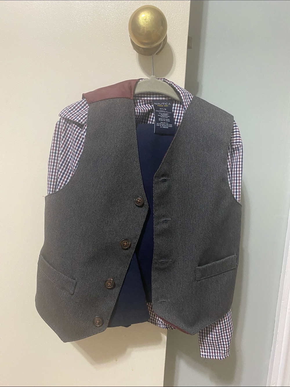 Nautica Dark Gray Wool-Blend Dress Vest with collared shirt and navy pants